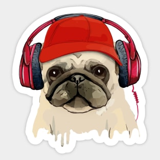 Pug, pug face and music headphones, pug lovers, gift for pug lovers Sticker